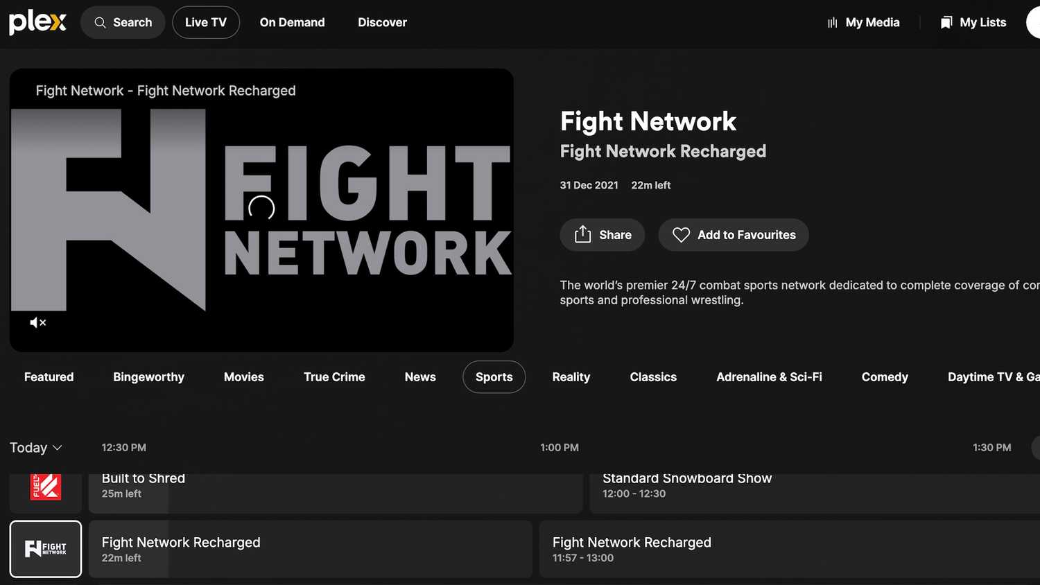 A screenshot of the Fight Network channel on Plex