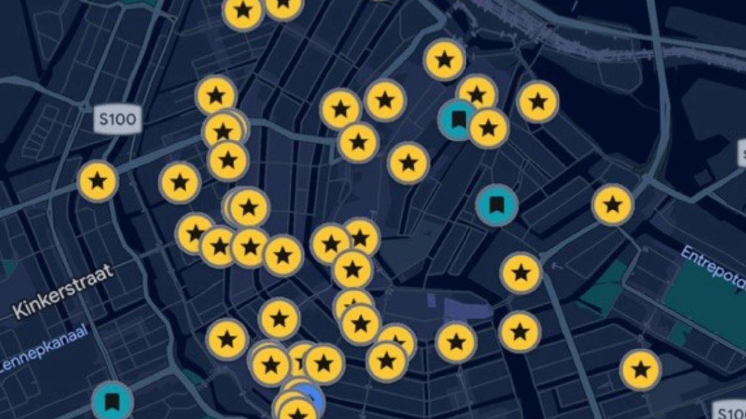 Google Maps showing dozens of starred saved places across Amsterdam.
