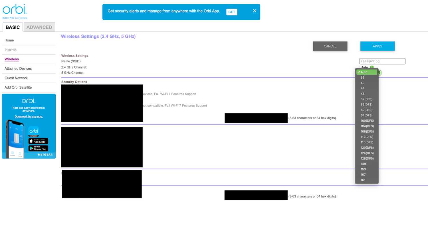 The admin panel for the Netgear Orbi 770 mesh network, showing the channel assignment menu