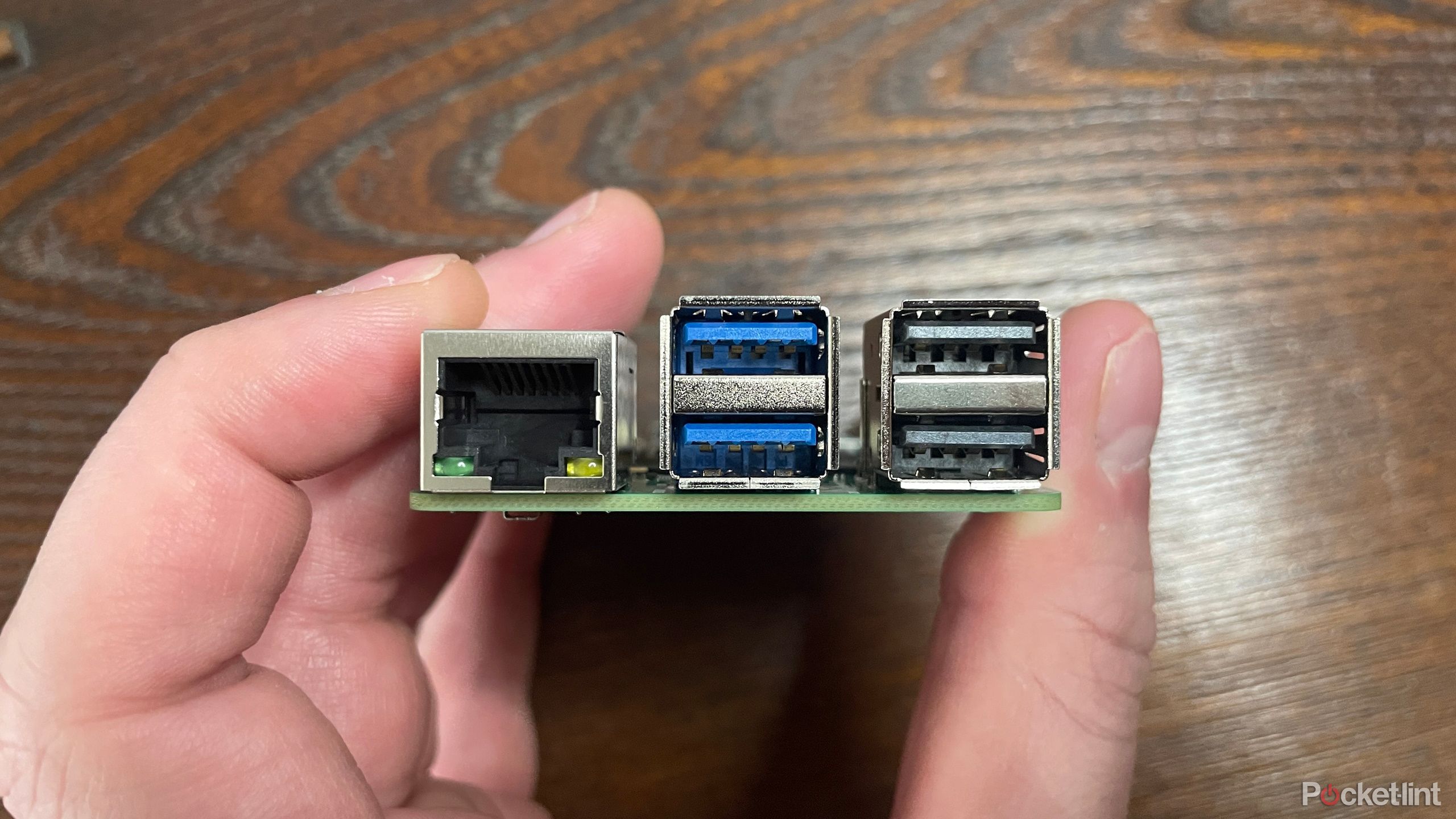 A photo of the Raspberry Pi 5 ethernet and USB ports.