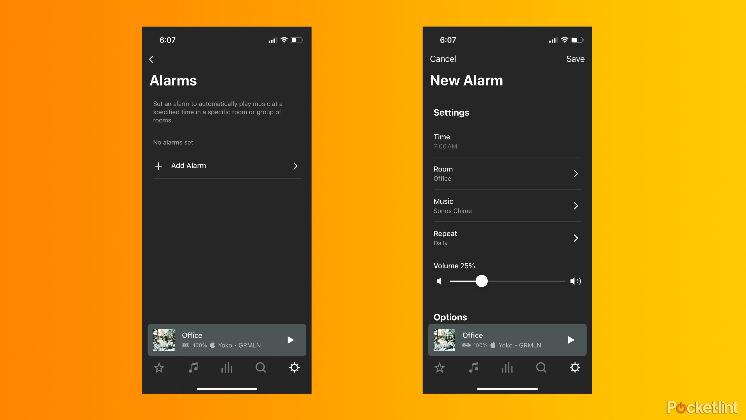 The Alarm menus in the Sonos app.