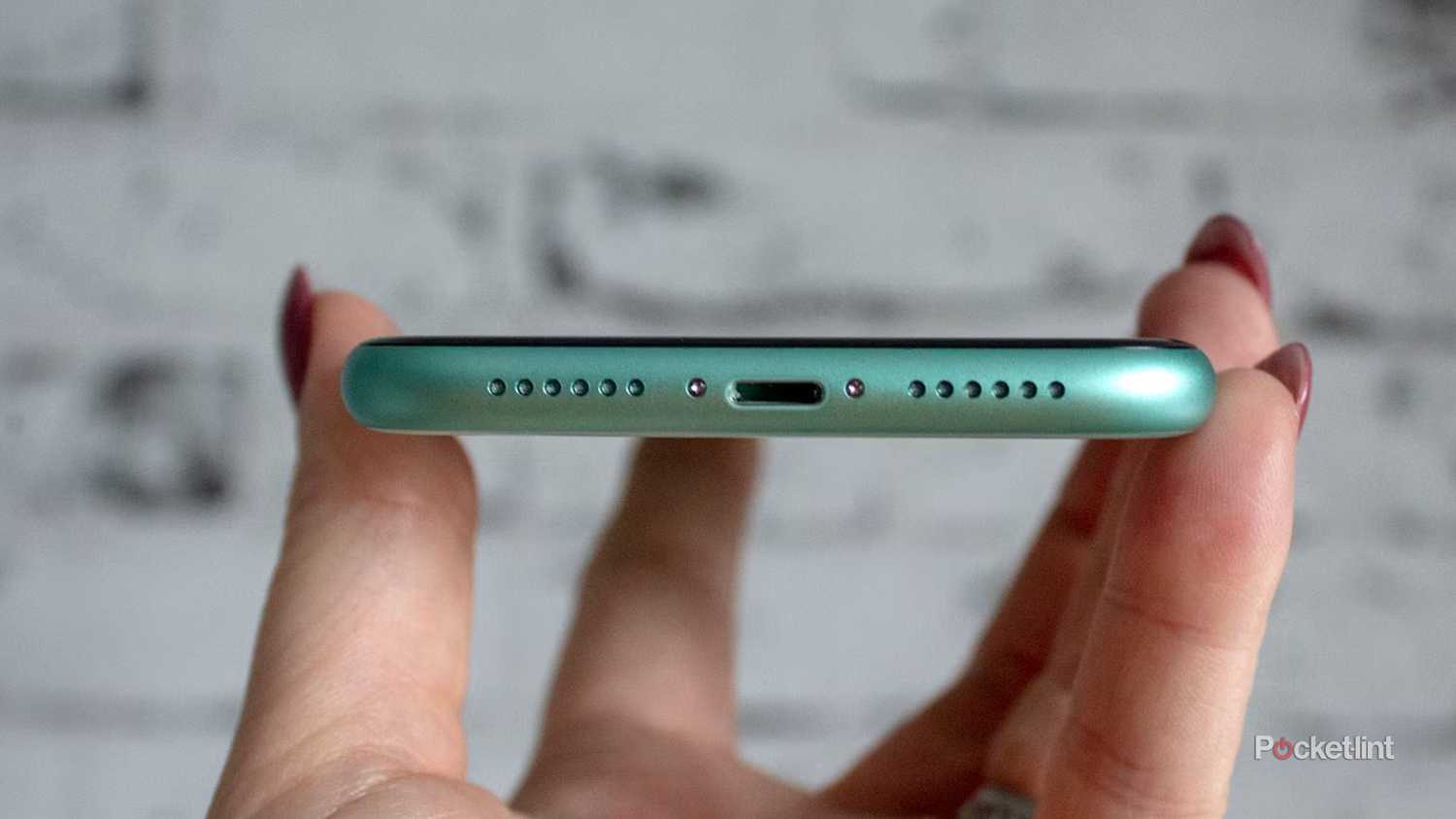 Someone holding an iPhone with the lightning port facing the camera. 