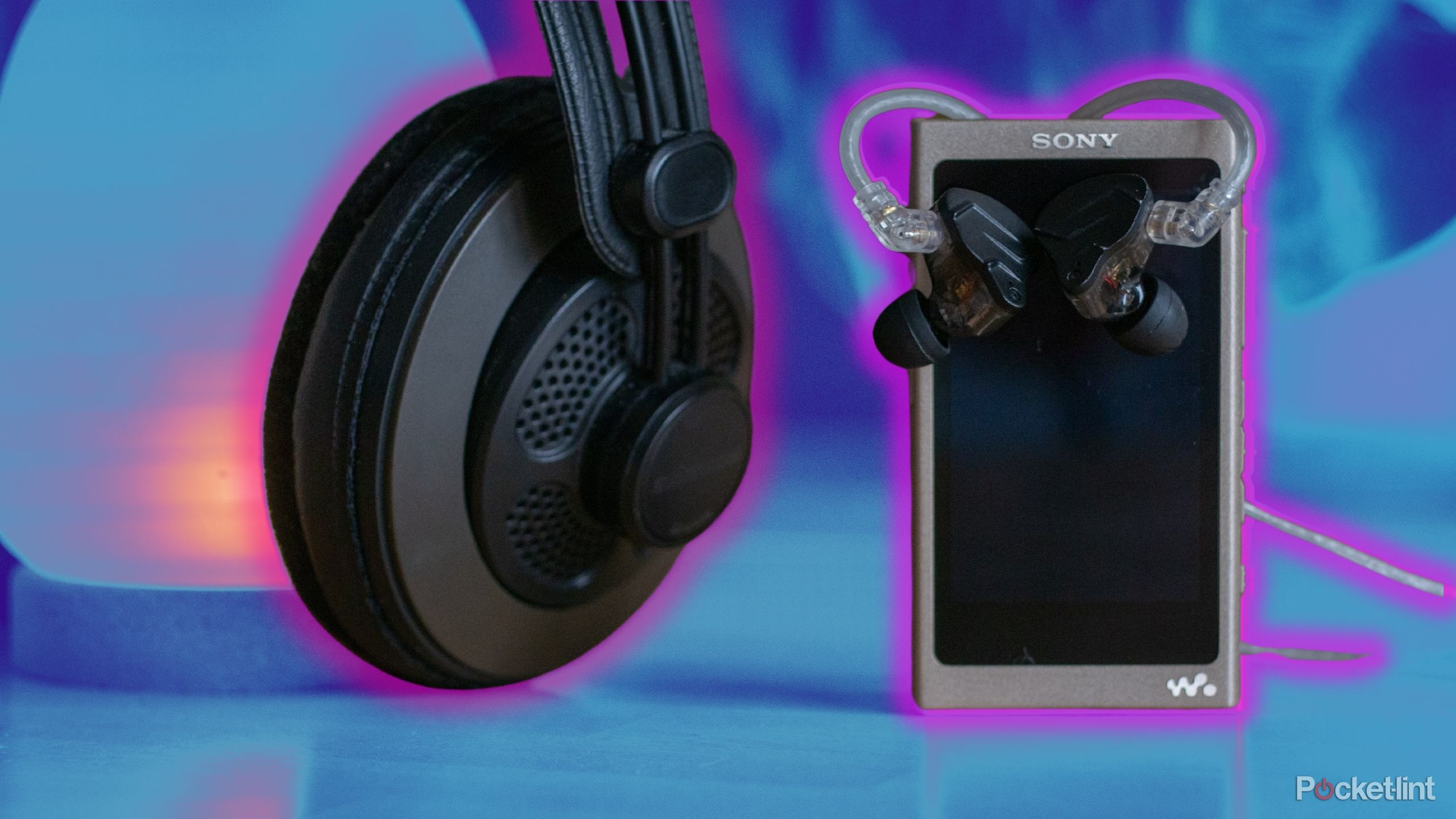 Bright colored mp3 and headphones