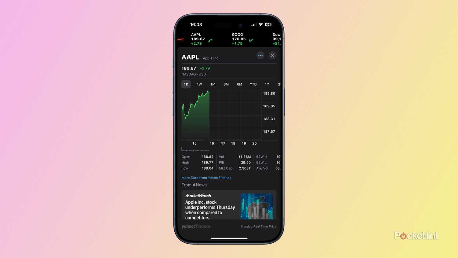 iPhone 15 Pro의 주식 앱.