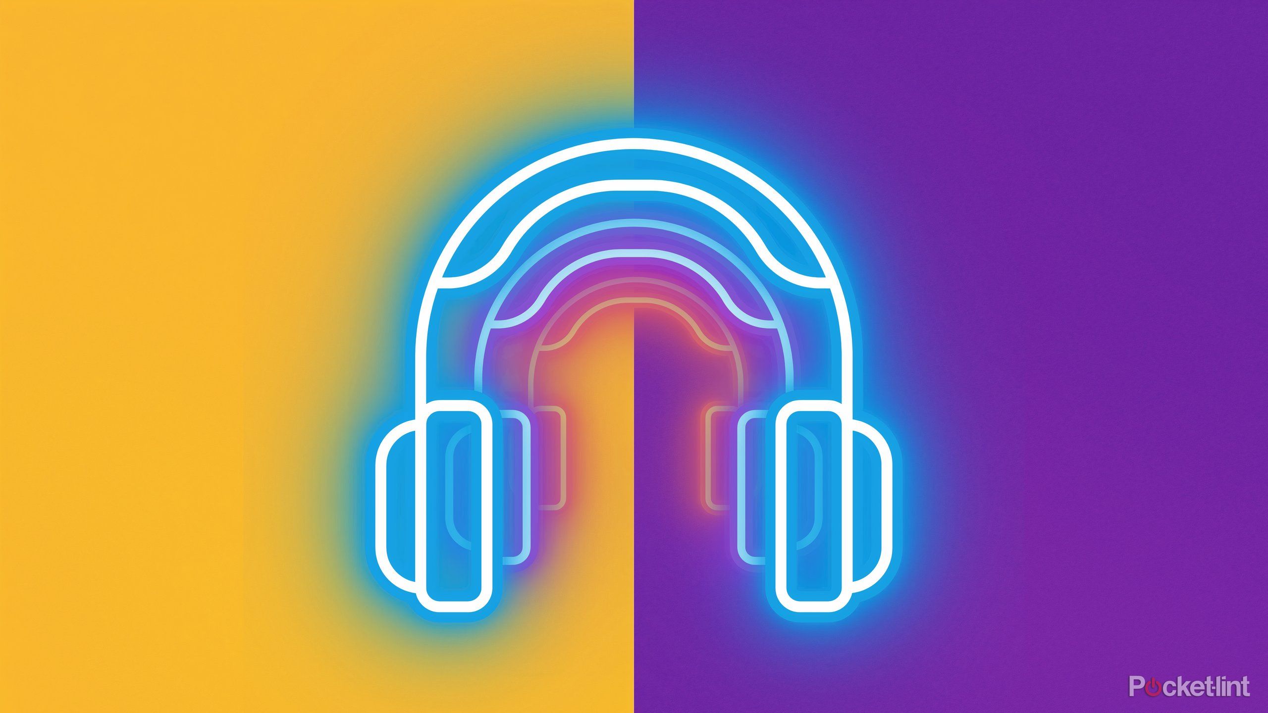 Neon blue headphone graphic over yellow and purple background