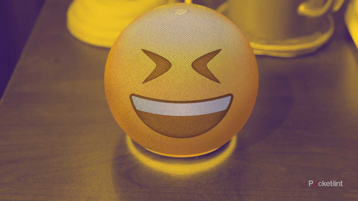 Amazon Echo with a laughing emoji superimposed over it
