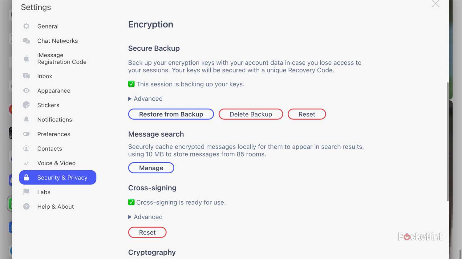 encryption information in beeper mac app settings