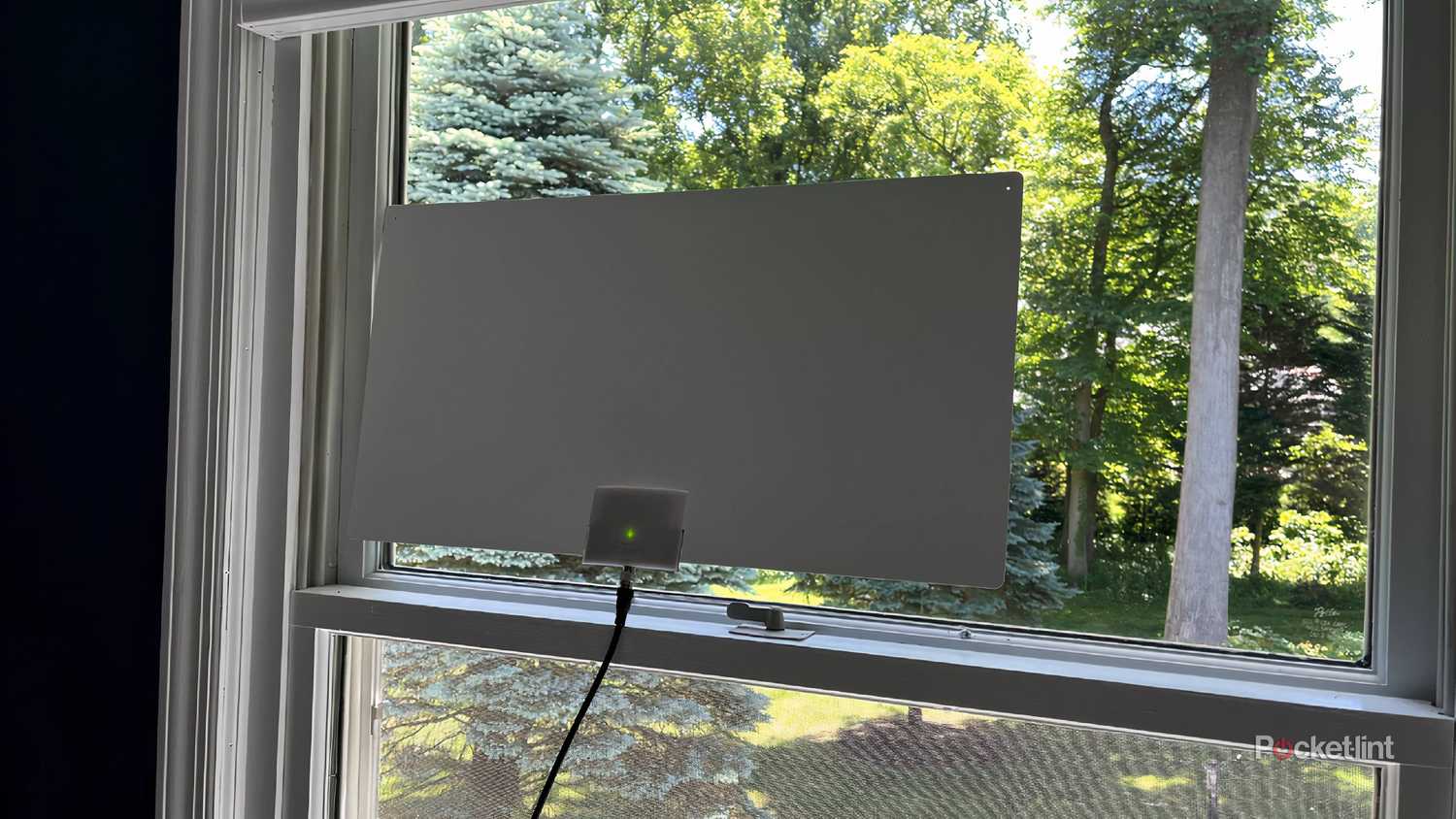 mohu leaf supreme pro digital tv antenna in a window. 