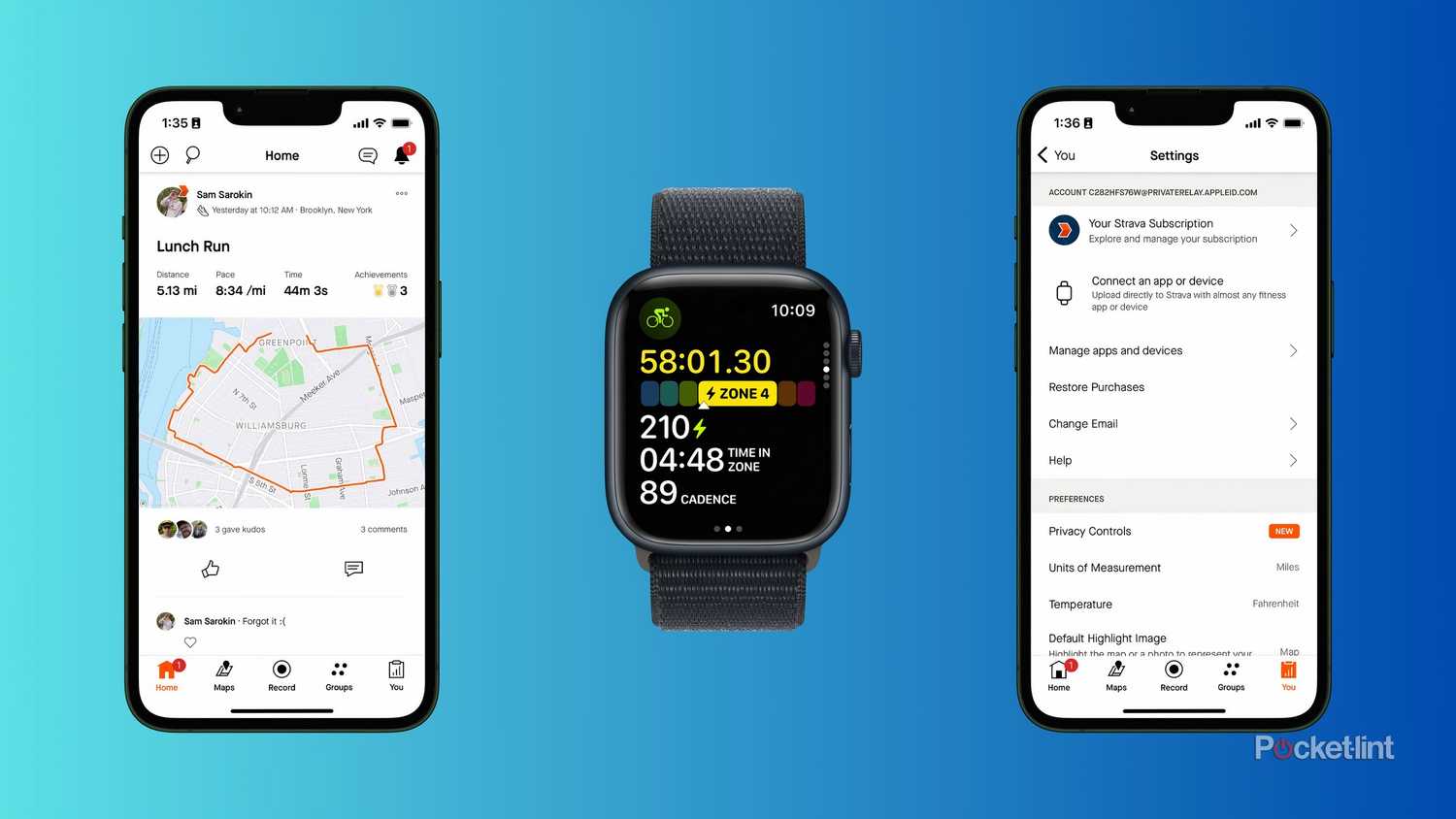 The Strava app, an Apple Watch Series 9, and another screenshot from Strava settings.