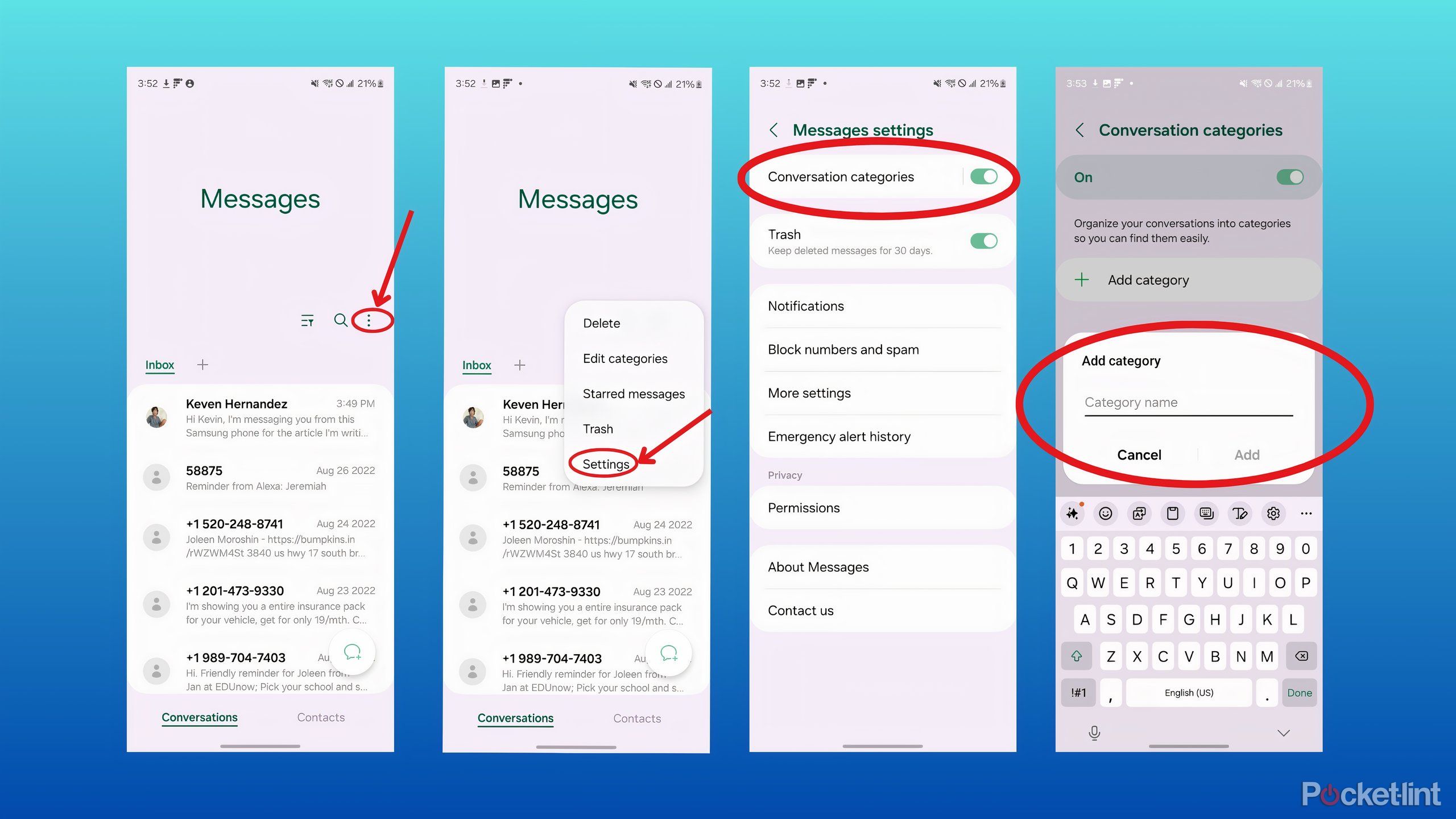 Create a new message category in the Samsung Messages app.