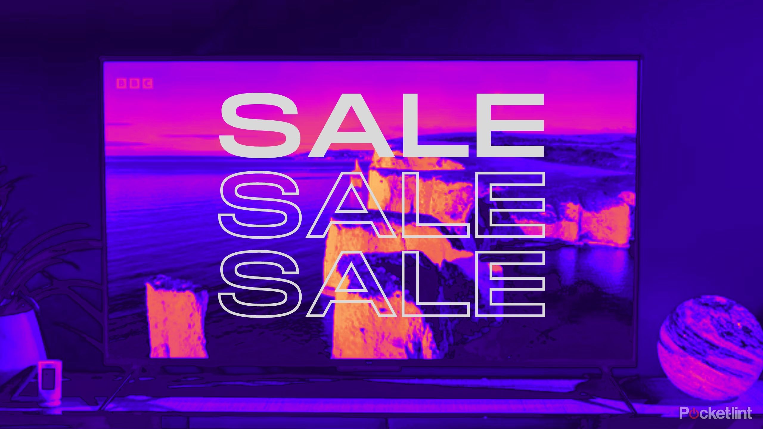 A colored background of an Amazon Fire TV with the words sale superimposed