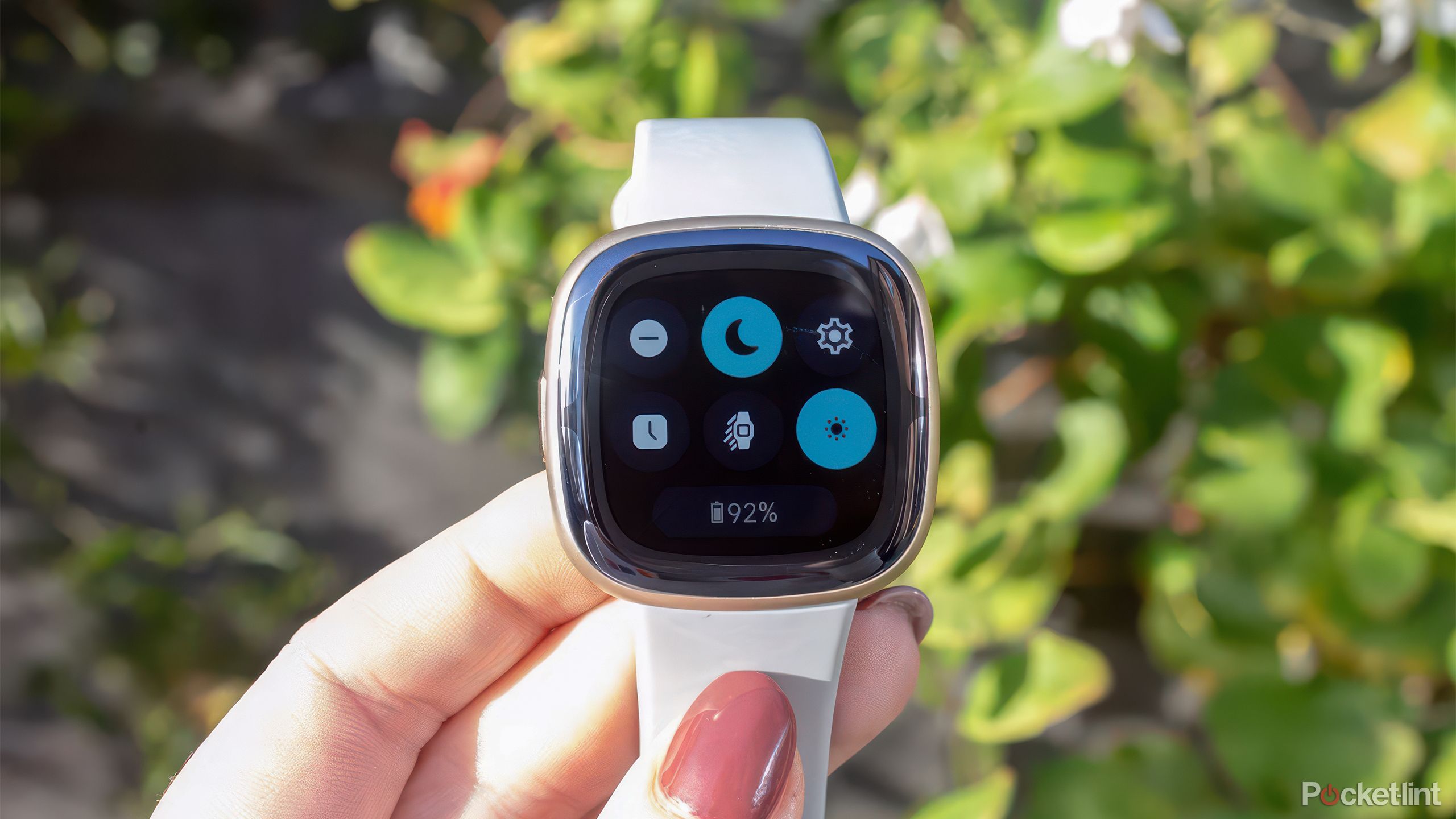 A hand holds the Fitbit Sense 2 in front of blurred bushes. 