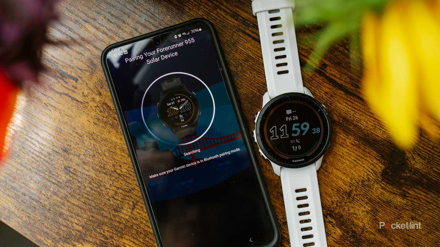 A phone and Garmin Forerunner 955 Solar sit on a wood table. 