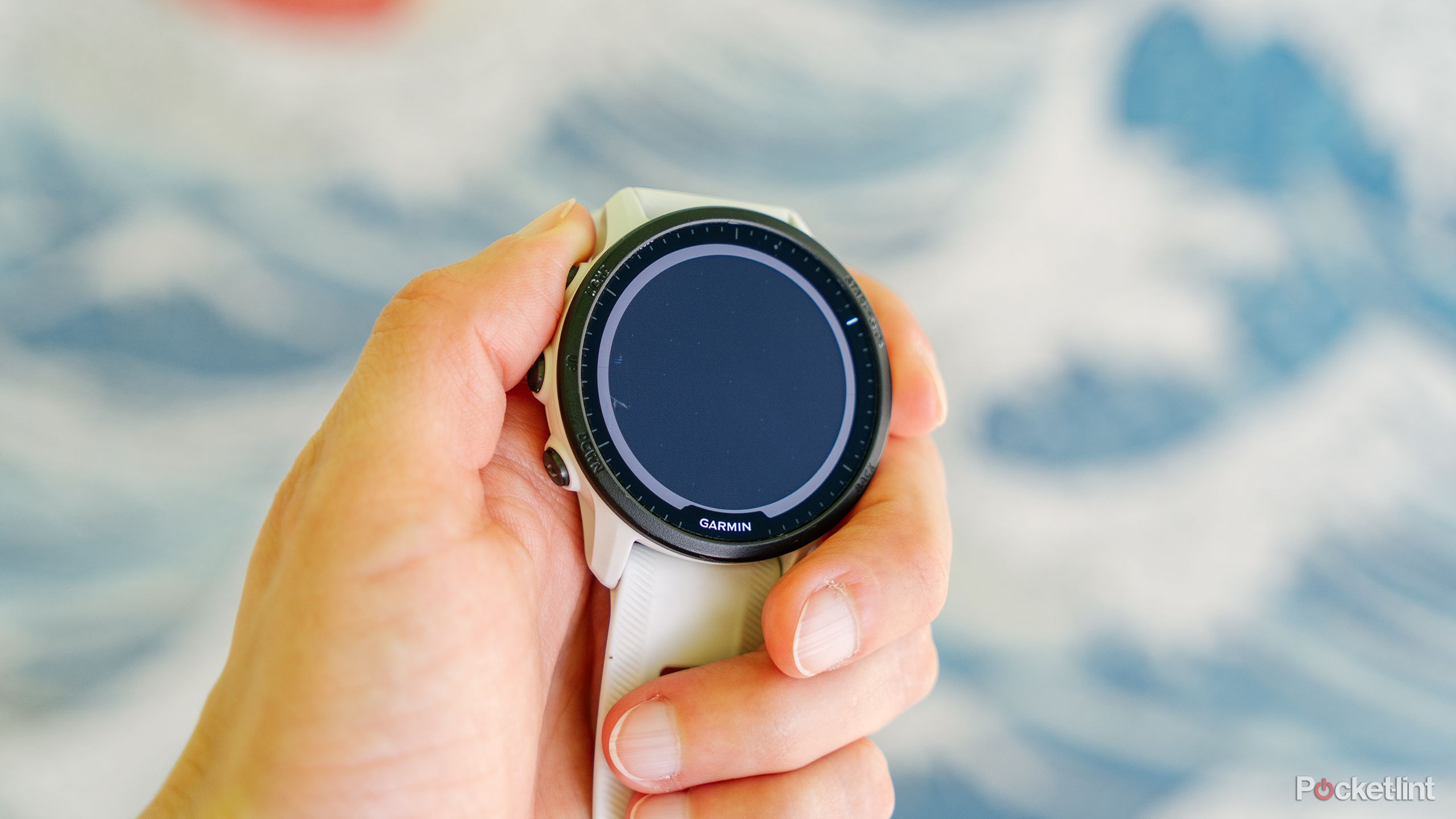 A hand holds a Garmin Forerunner 955 Solar in front of a blue and white background. 