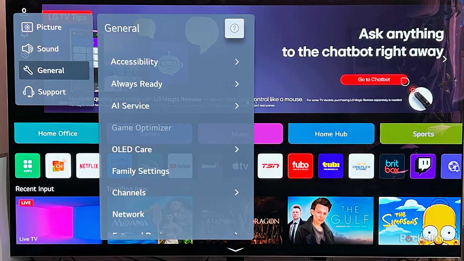 LG TV with general settings menu pulled up.