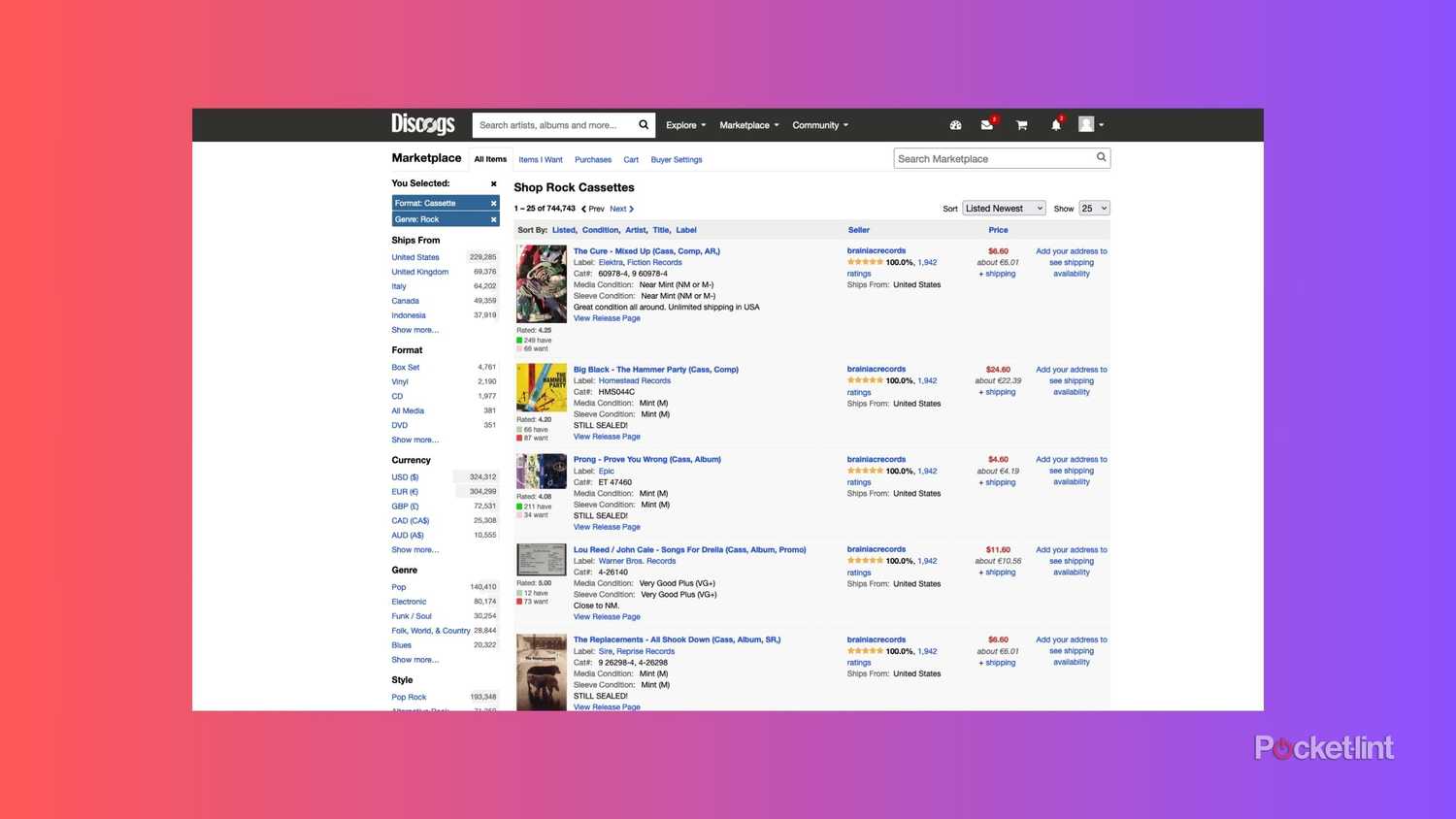 The Discogs marketplace filtered by cassette and rock