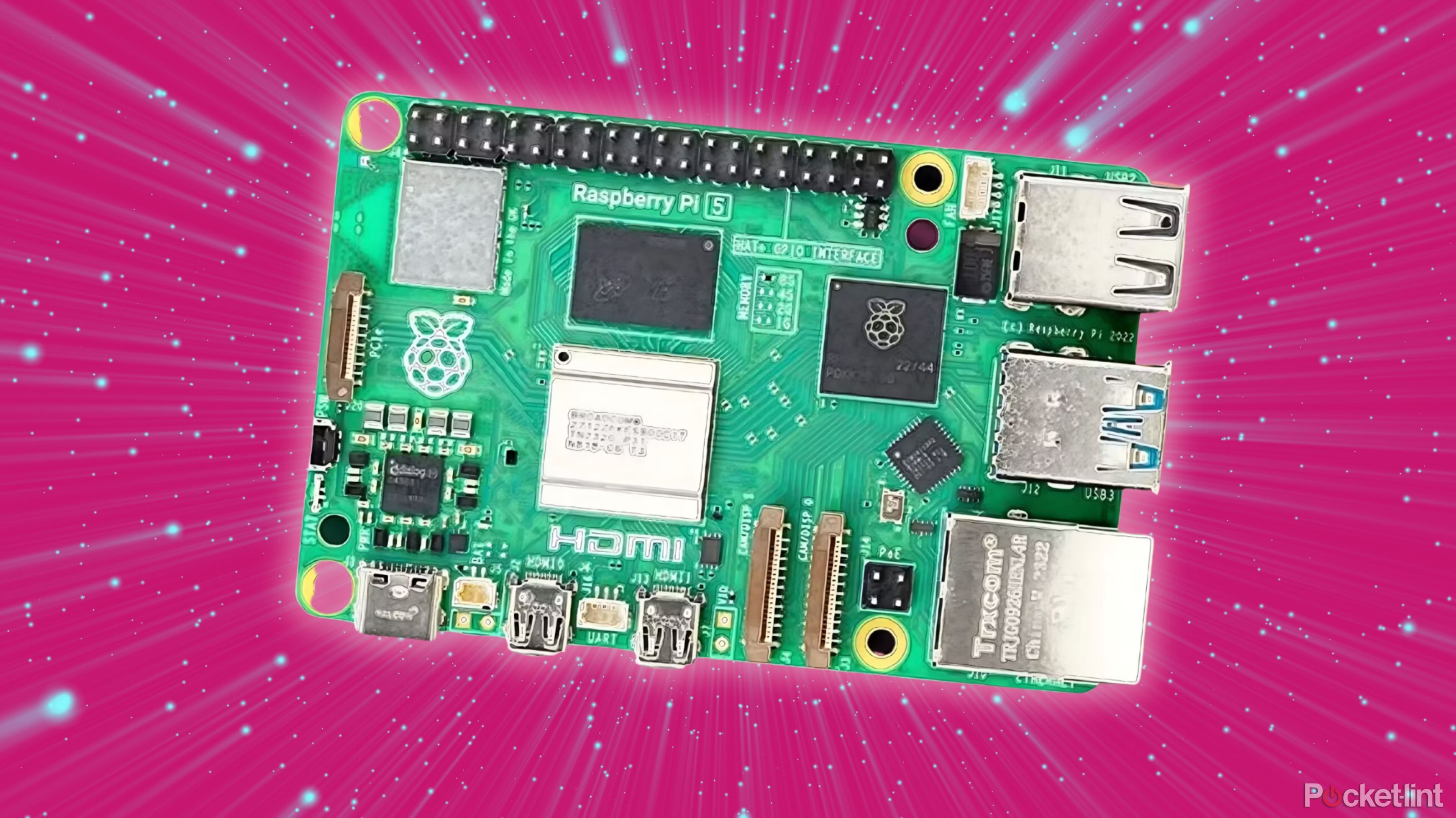 The Raspberry Pi 5 against a pink space background. 