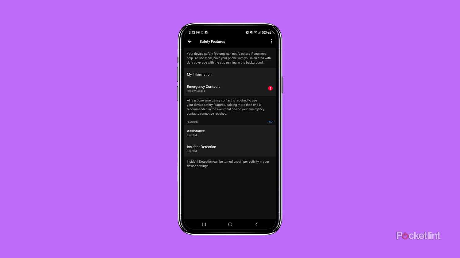 A phone mockup with the Garmin Safety Features menu is placed against a purple background. 