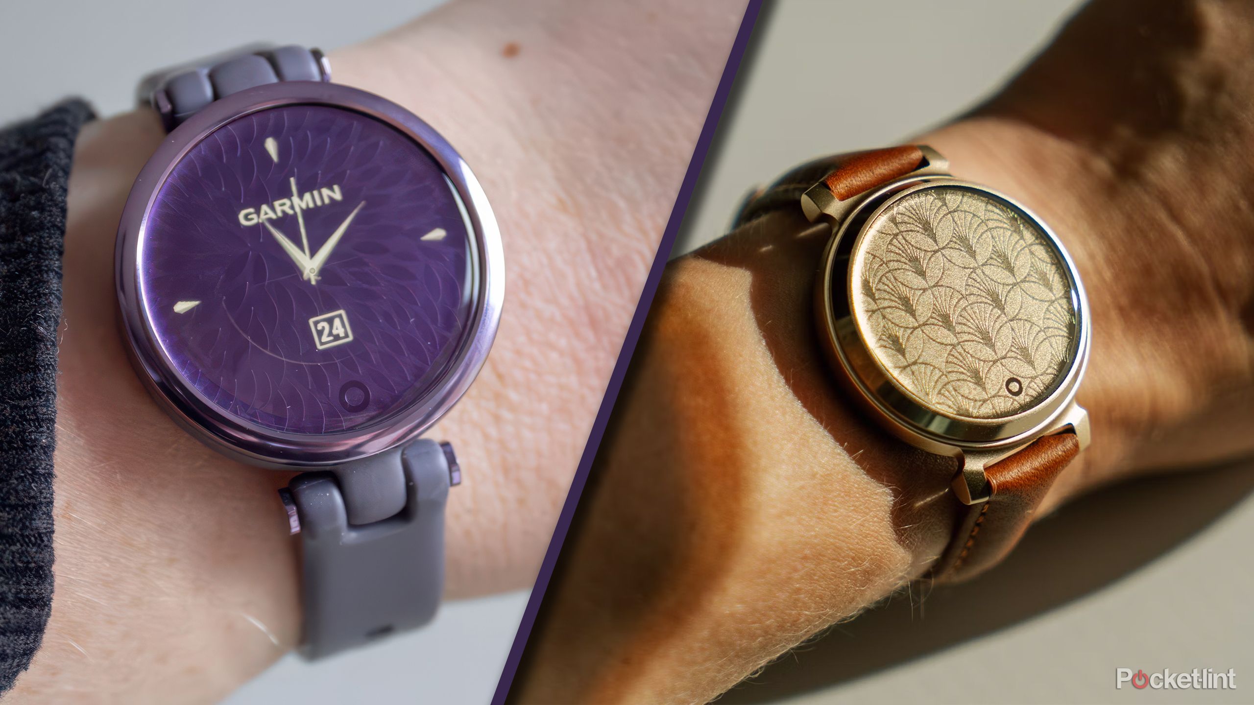 A wrist with the purple Garmin Lily is sliced next to a wrist with the gold Garmin Lily 2 Classic. 