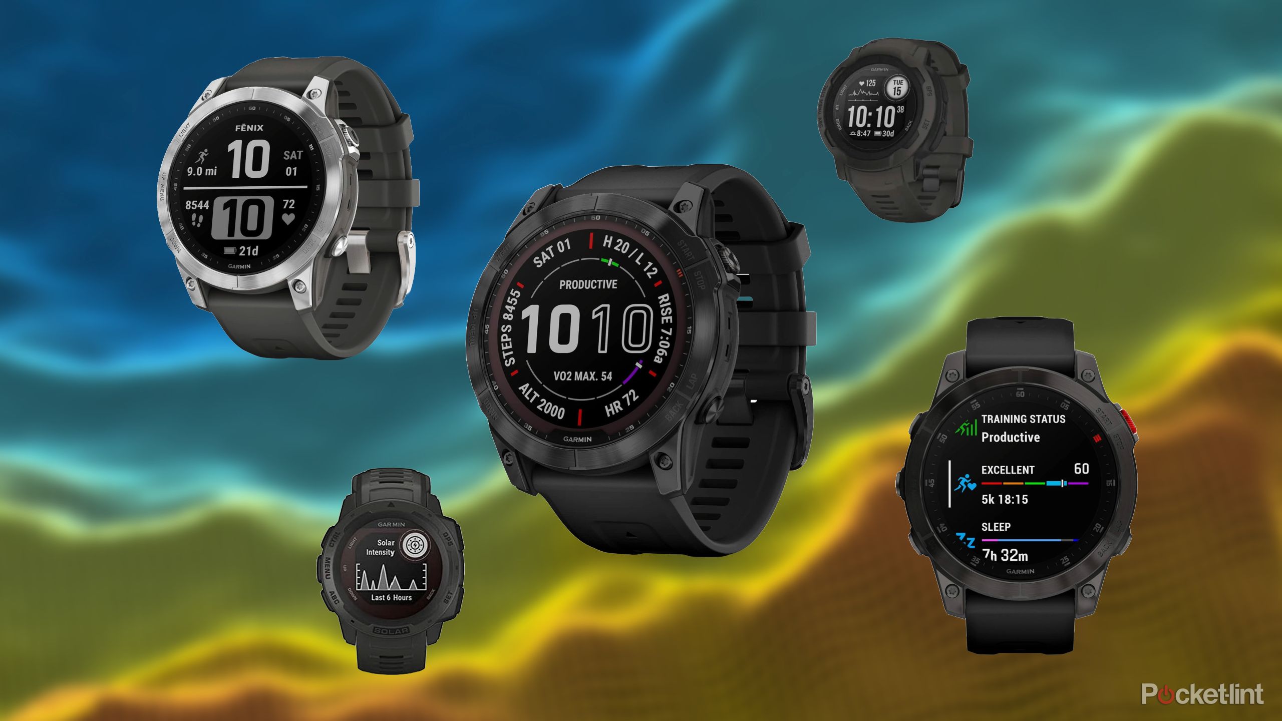 A selection of Garmin watches placed against a blurred topographic rendering with a blue to orange gradient. 