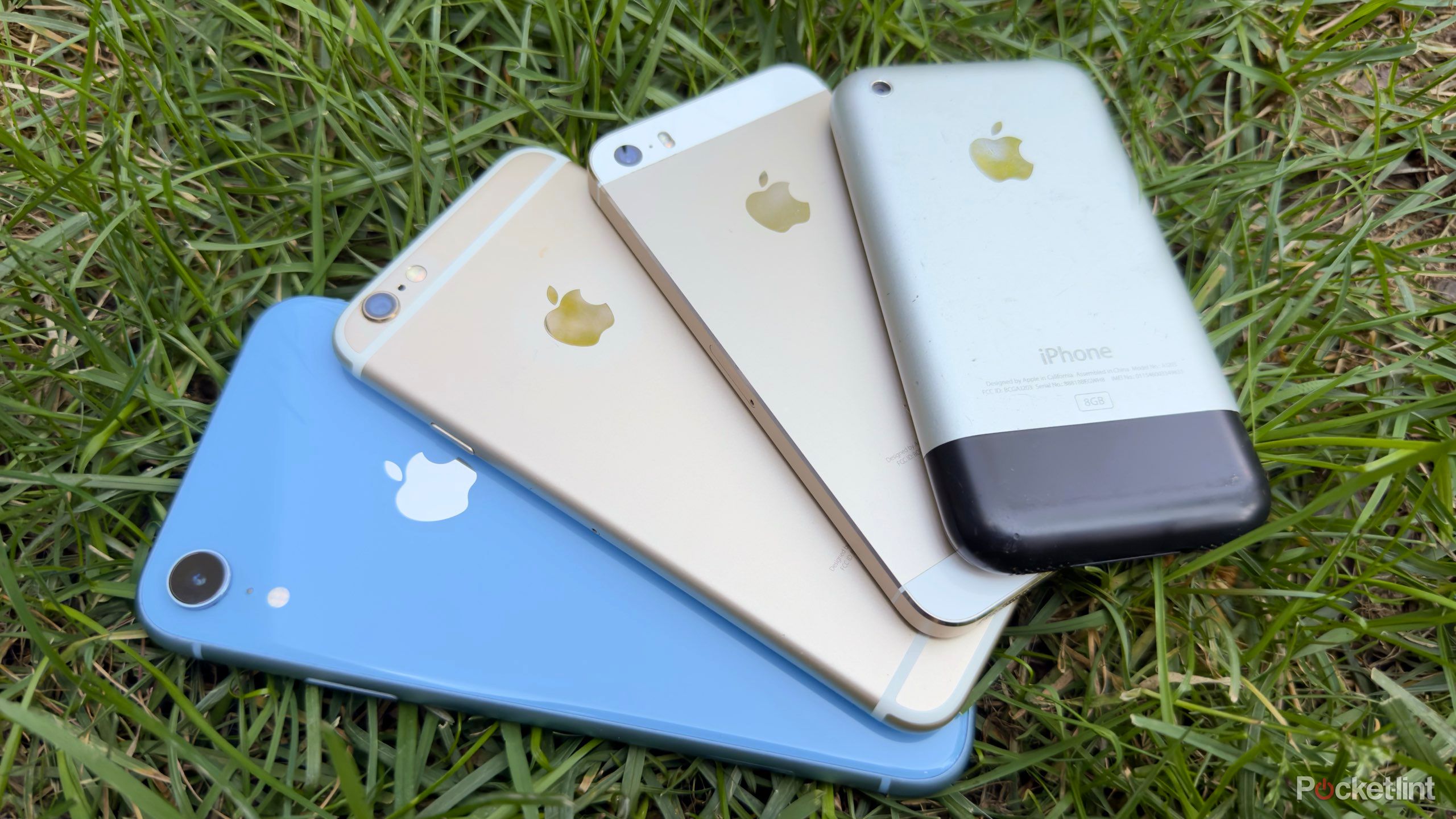 An iPhone XR, 6, 5S, and original in a fanning position on the grass. 