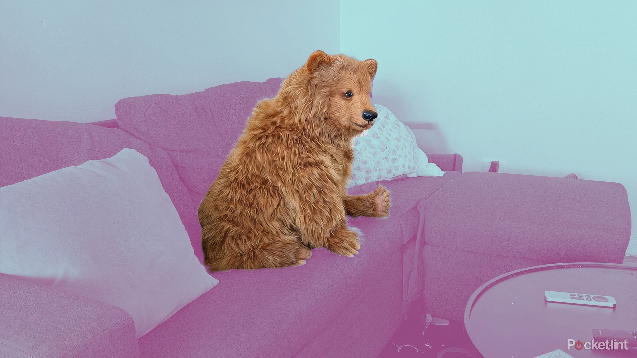 An AI-generated bear sitting on a couch.