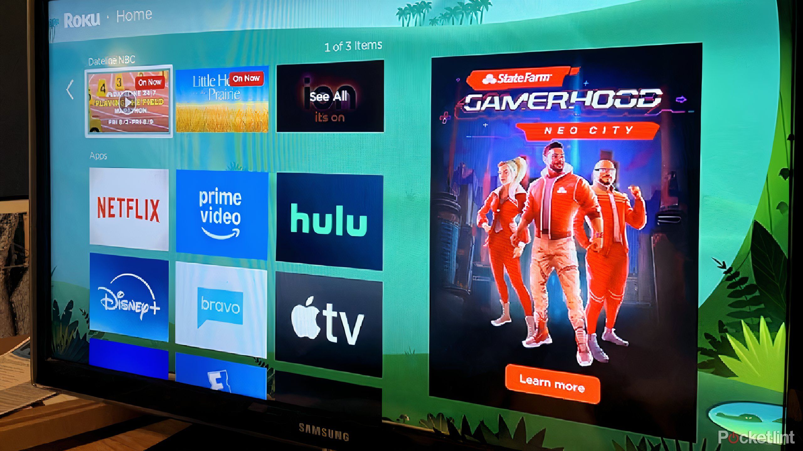 Roku TV interface with ads on the right