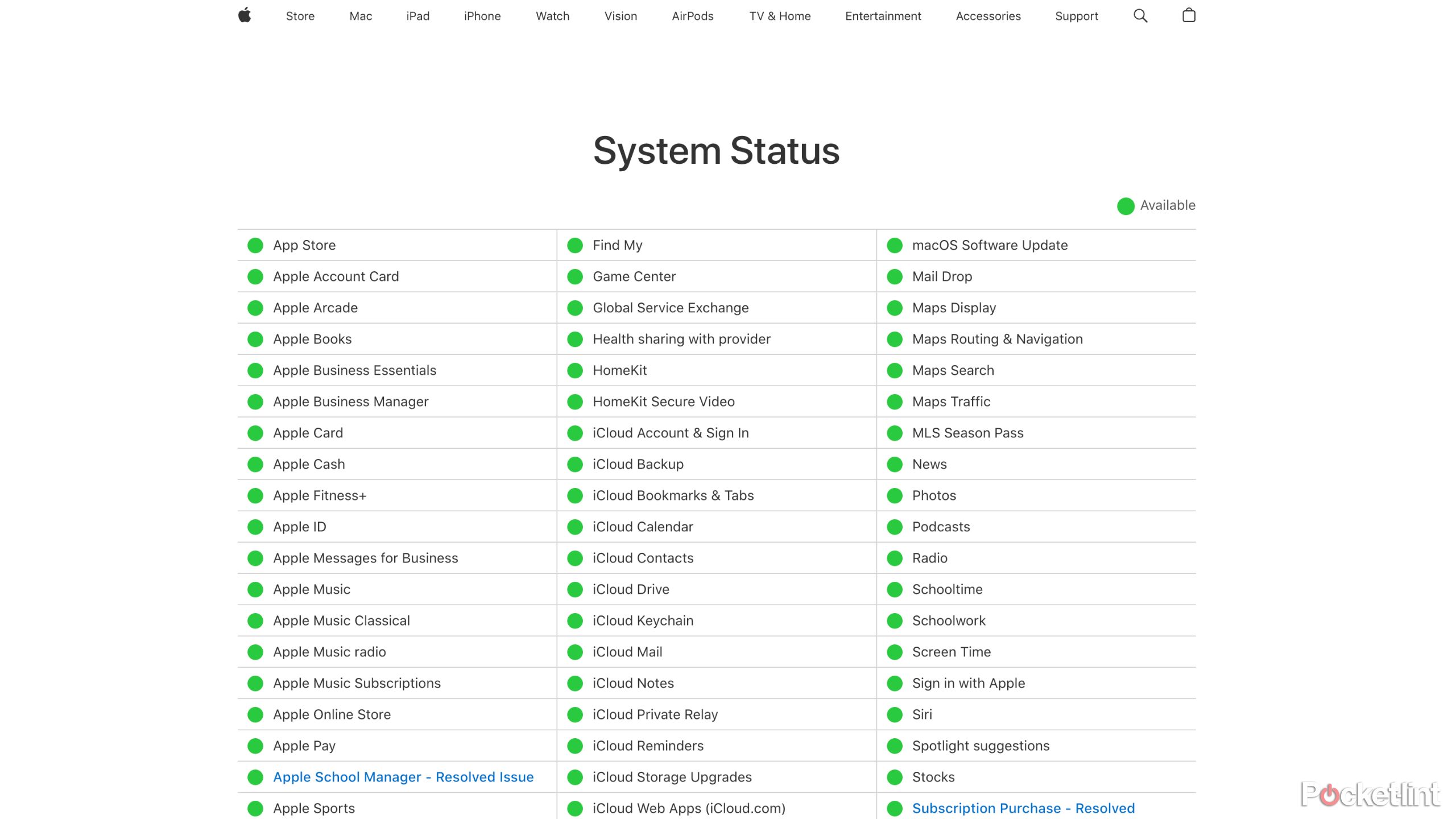 A screenshot of the Apple server status page. 