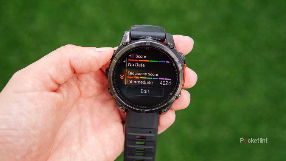 A hand holds a Garmin Fenix 8 with the Endurance Score on the display. 