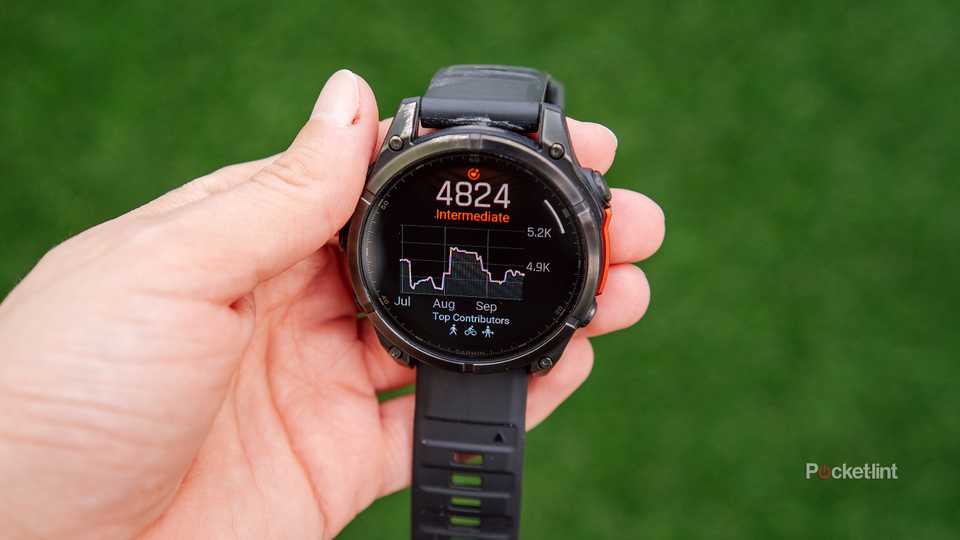 A hand holds a Garmin Fenix 8 with the Endurance Score graph on the display. 
