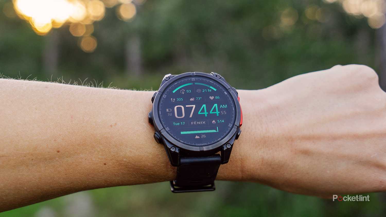A wrist with the Garmin Fenix 8 on is held in front of a blurred forest. 