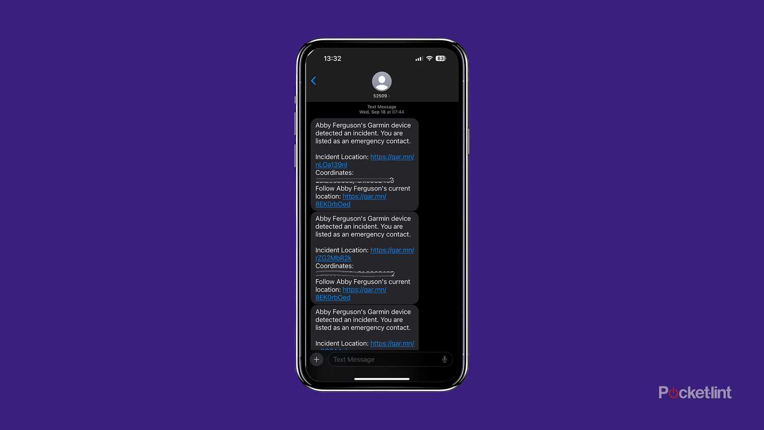A mockup of a phone with texts about a Garmin incident detection sits against a dark purple background. 