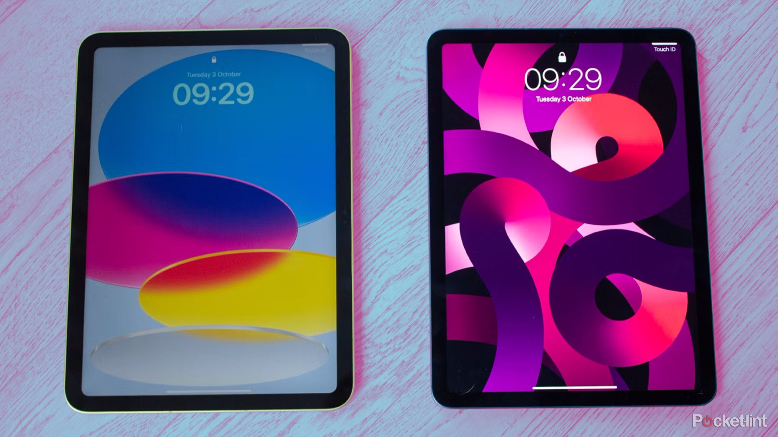 iPad (10th generation) and iPad Air (2022) side by side on a colored background