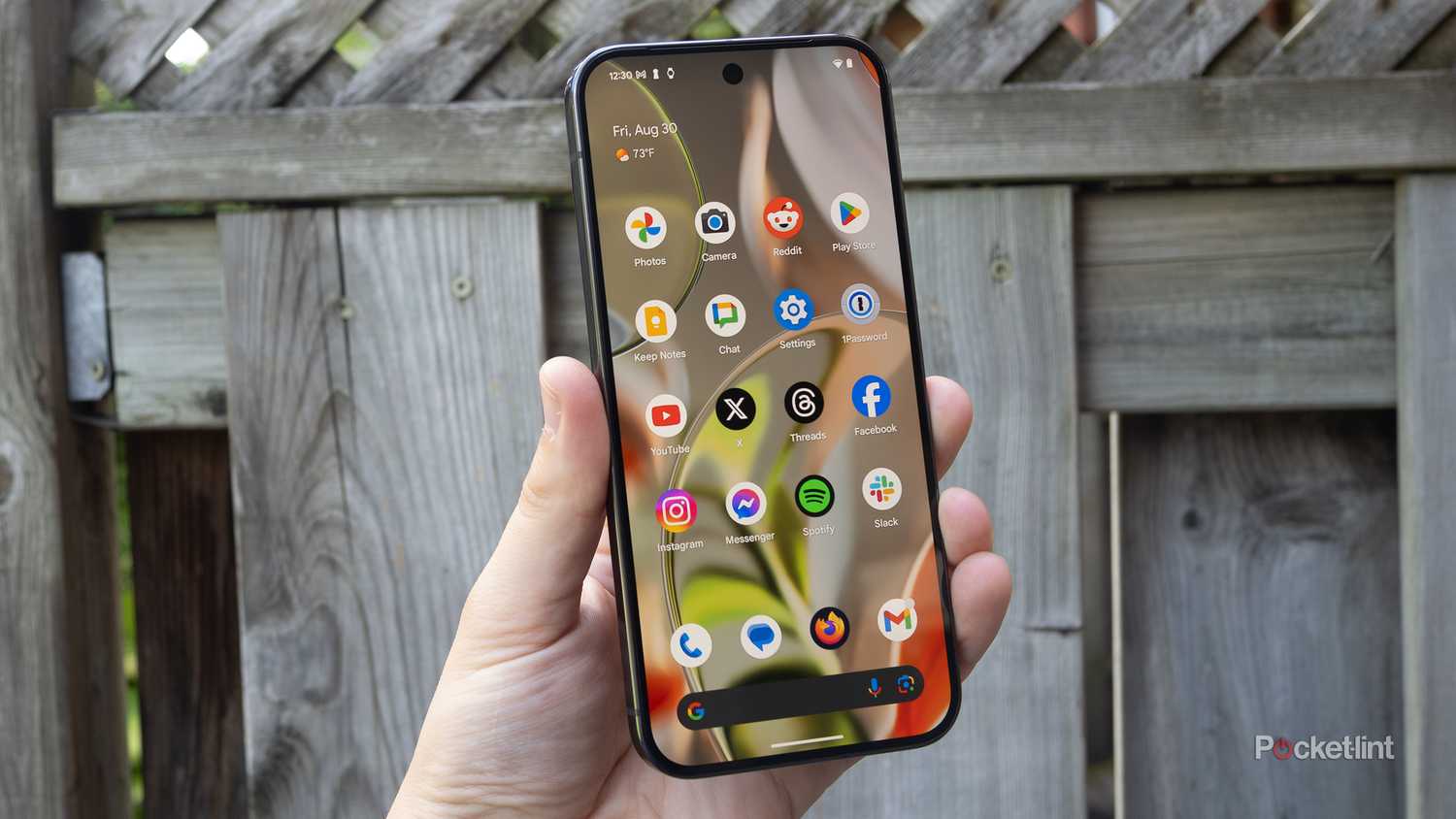 The Pixel 9 Pro XL display in front of a fence