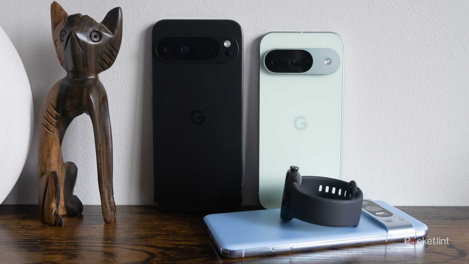 Google's Pixel 9 series on a table together.