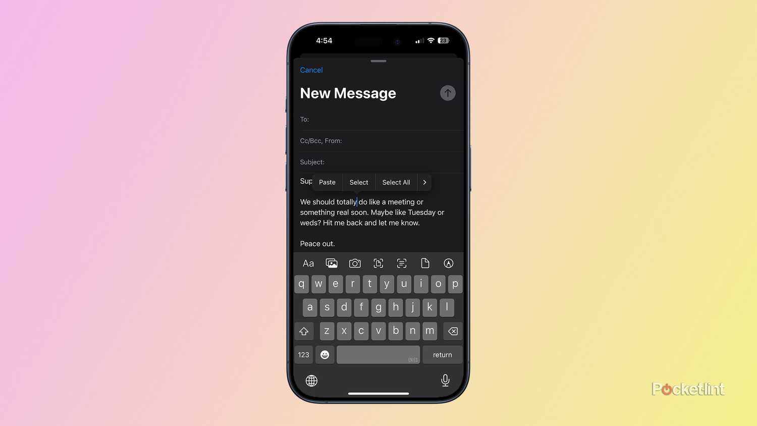Select text in Mail app in iOS 18.