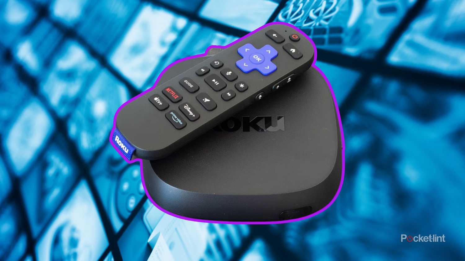 Roku Ultra 2 stacked with a remote against a screen of channels. 