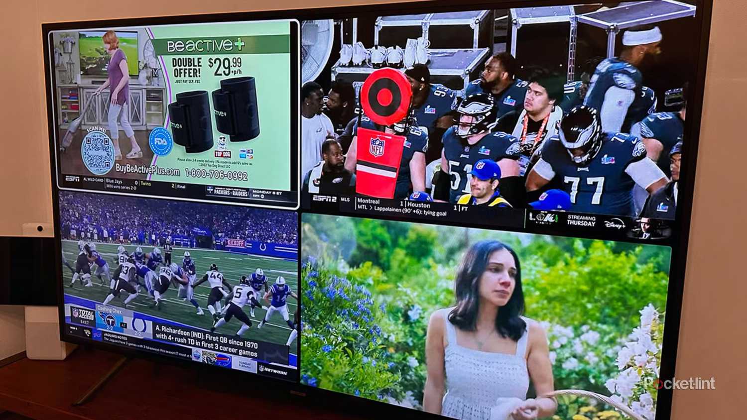 YouTube TV multiview with an ad, two football games, and a woman in a garden.