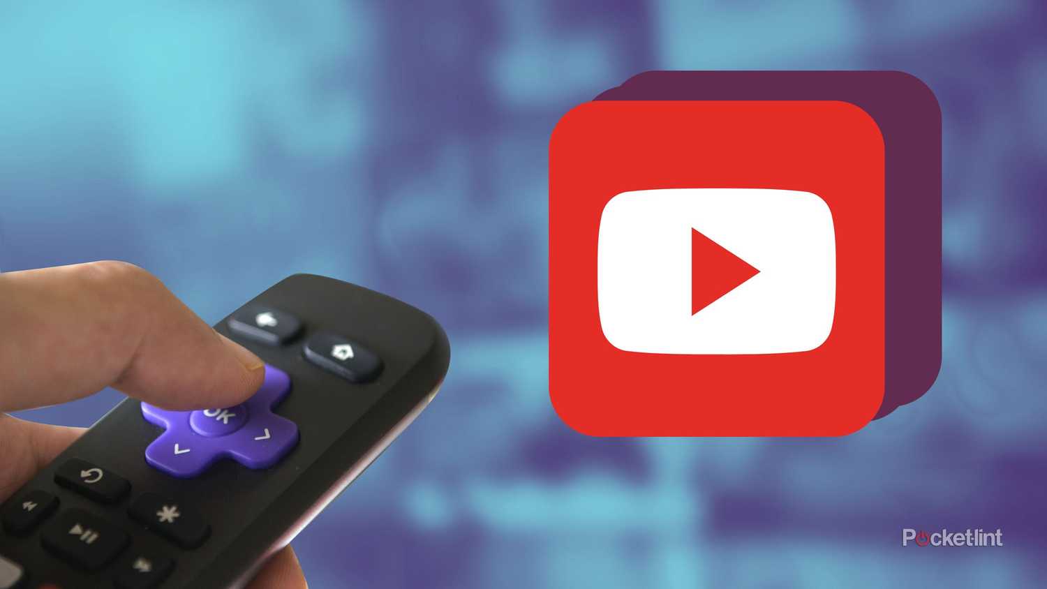 Someone holding a Roku TV remote and pointing it at a YouTube icon. 