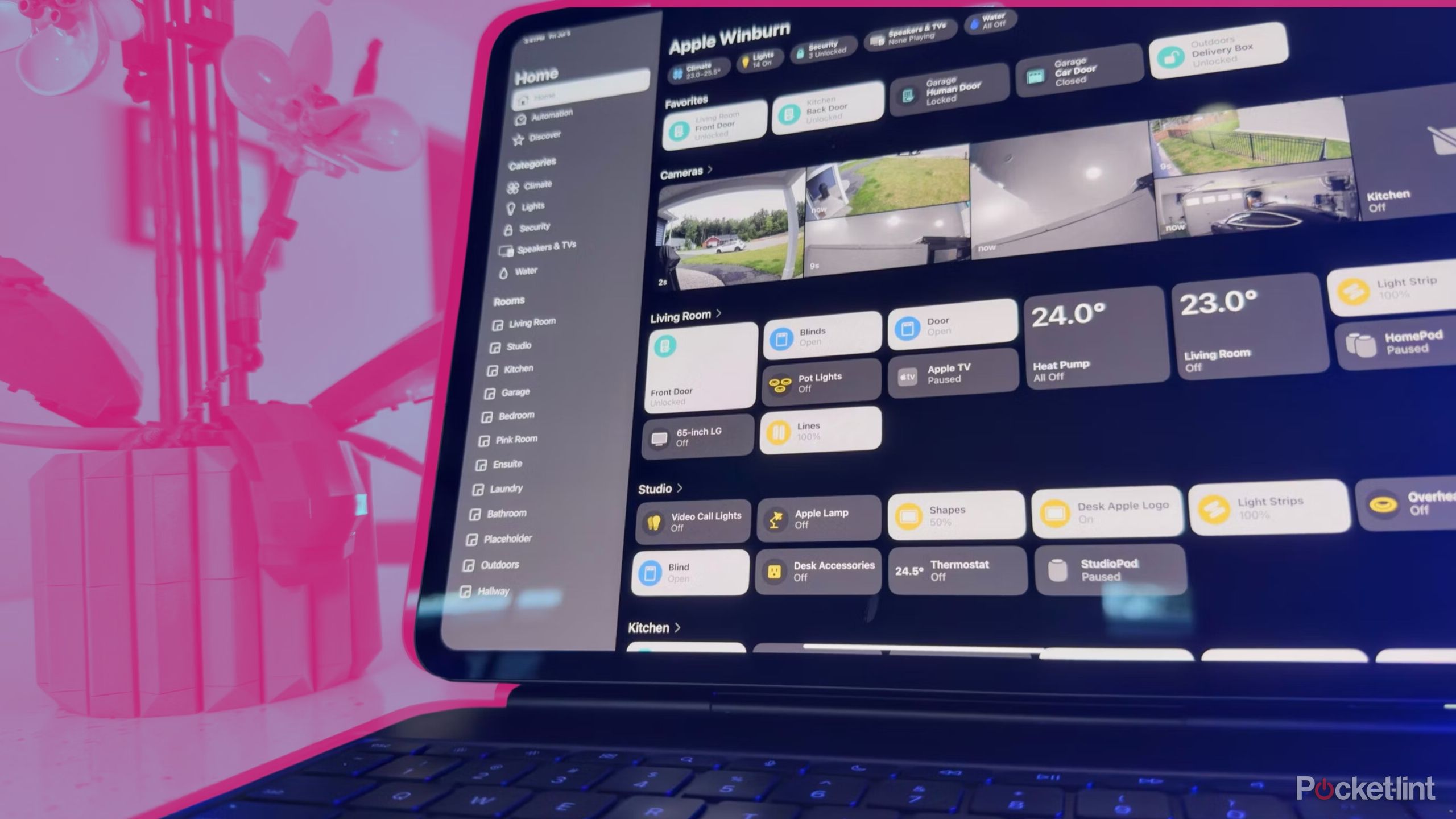 An iPad showing Home app on colored background