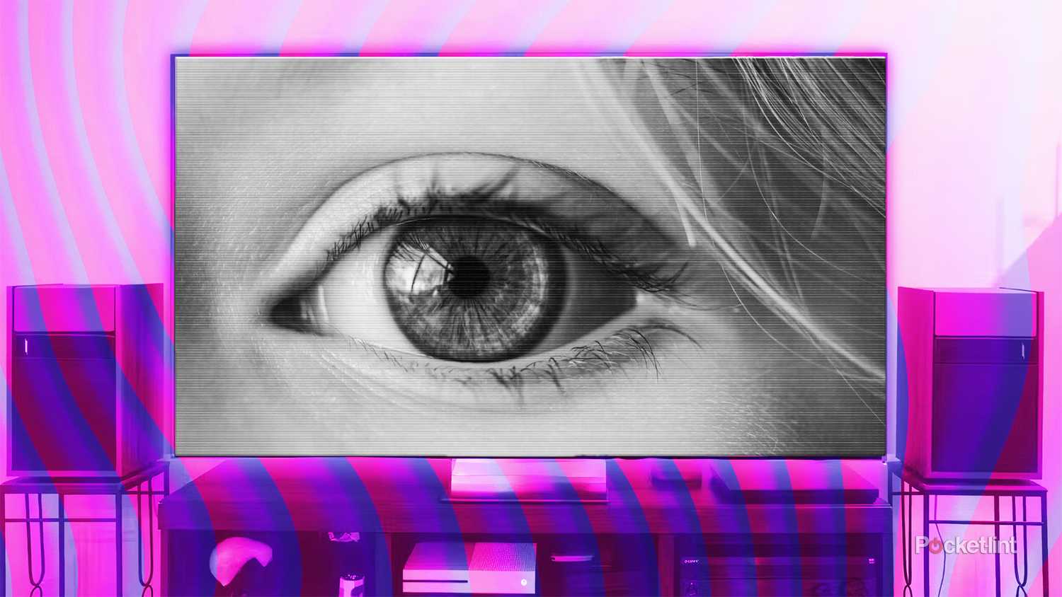 A black and white eye on a TV. 
