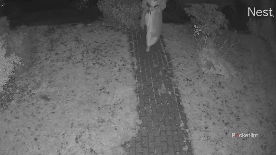 A person walking on a snowy sidewalk in black and white.