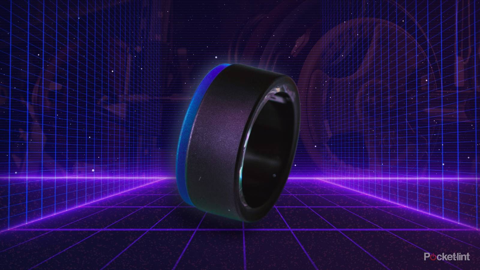 The Ultrahuman Ring Air on its side against a futuristic grid background. 