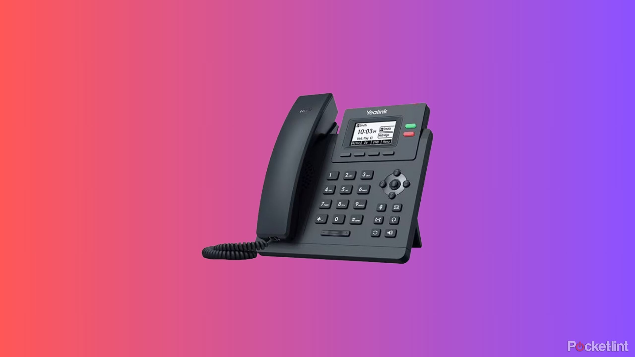 A render of a VOIP phone on a purple and pink colored background.