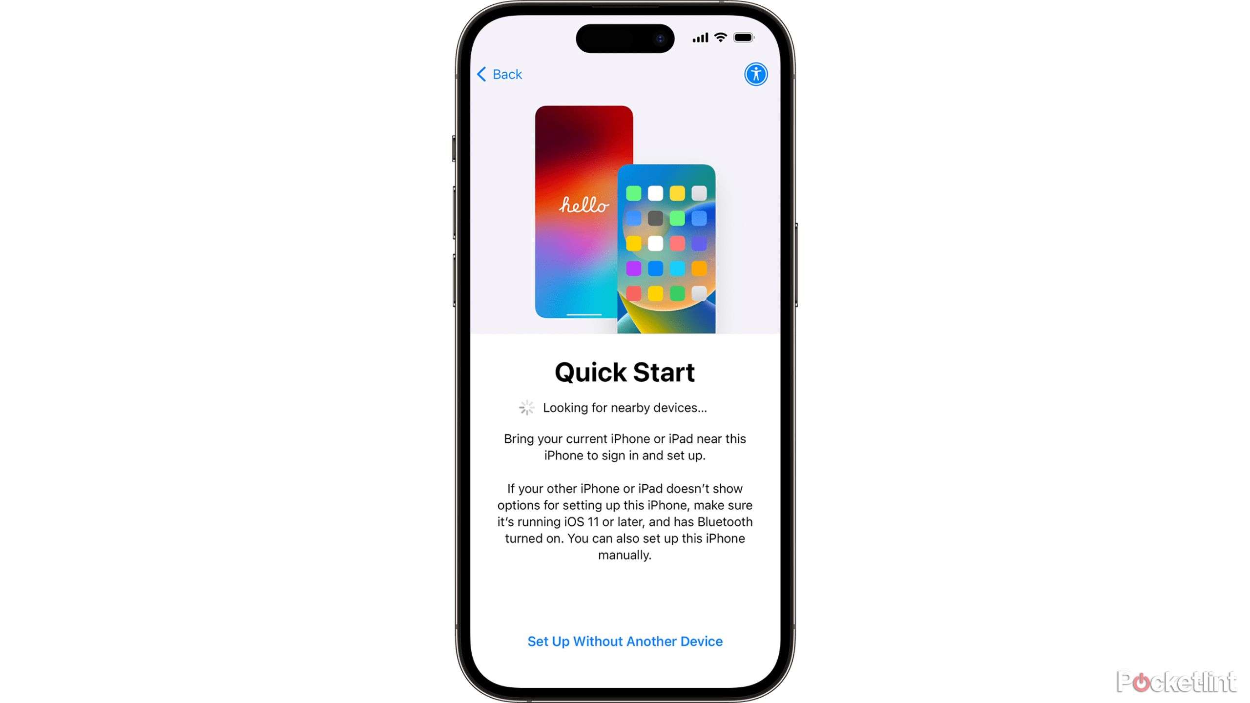 A press image from Apple showing the iPhone Quick Start during iPhone setup.