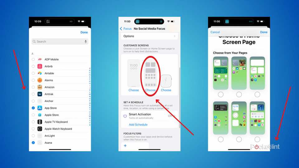 Three screenshots showing the list of apps you can limit and the home screen layout editing menus.