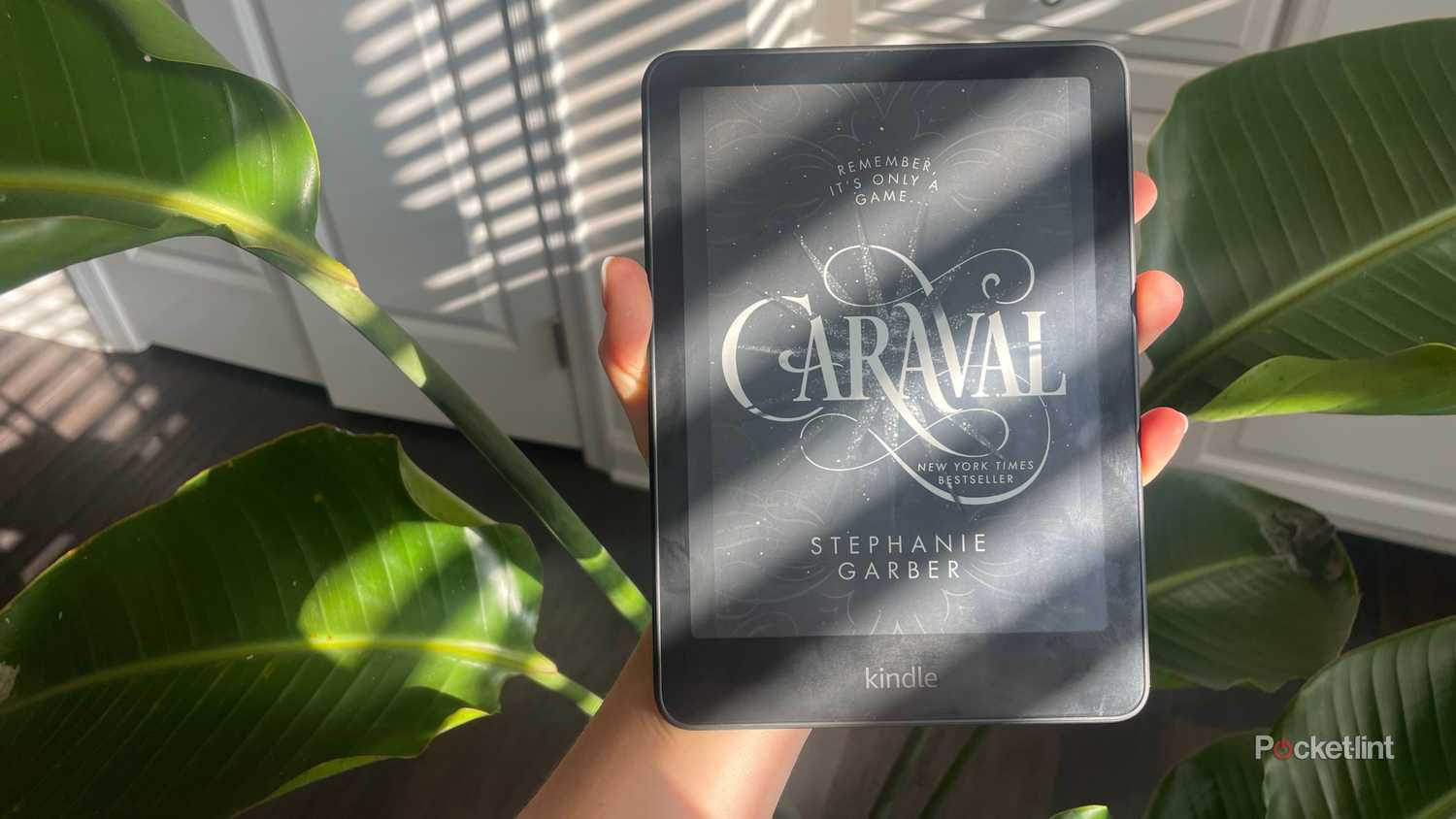 A Kindle Paperwhite in front of a plant. 