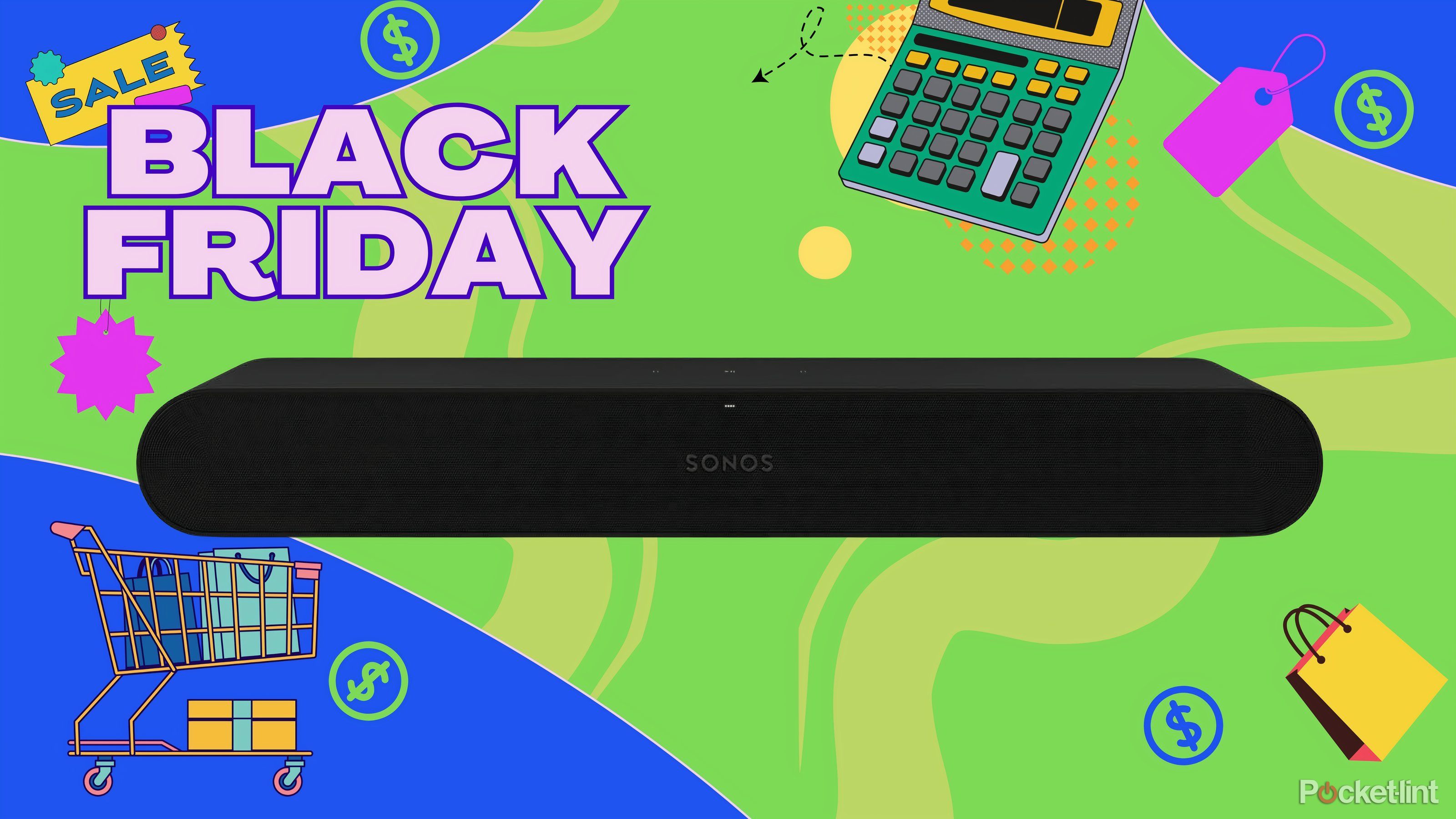 A black Sonos Ray on a green and blue Black Friday background.