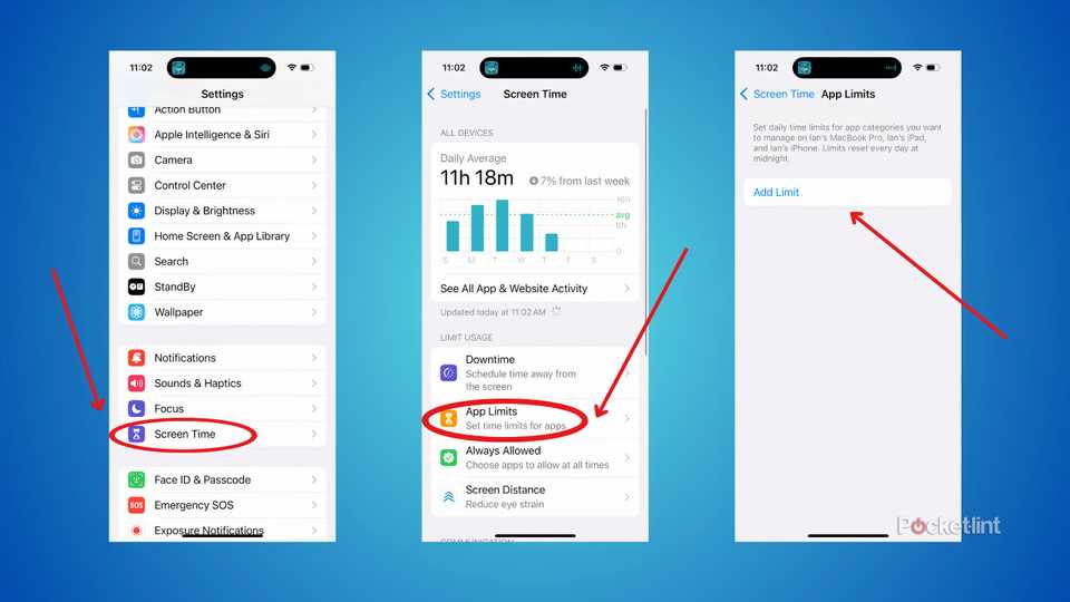 Three screenshtos showing the Settings app, the Screen Time menu, and the App Limits set up menu.
