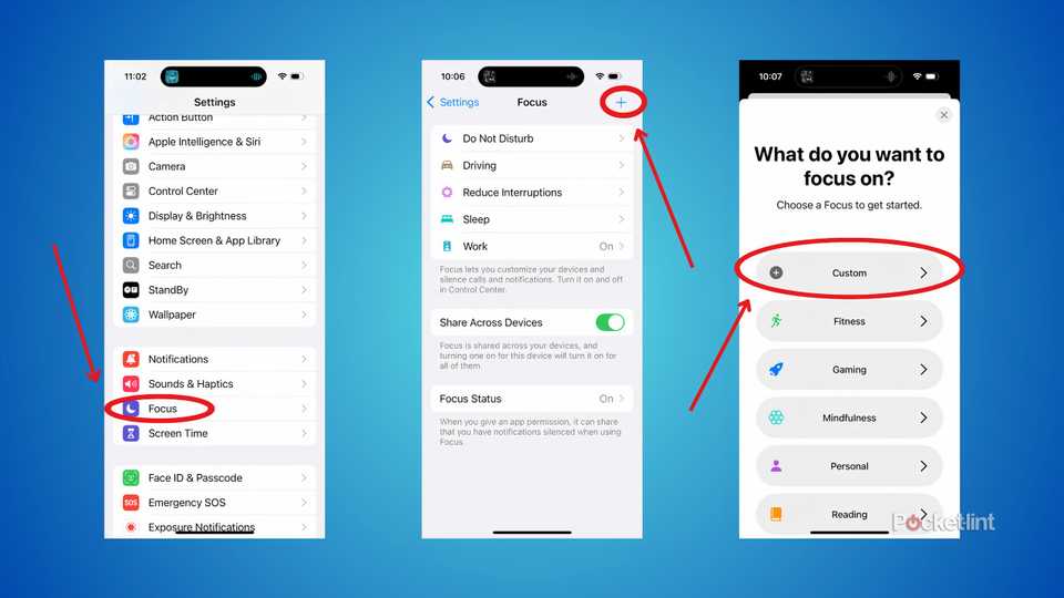Three screenshots showing the Settings app, the Focus menu, and the first screen you see when you create a new Focus mode.